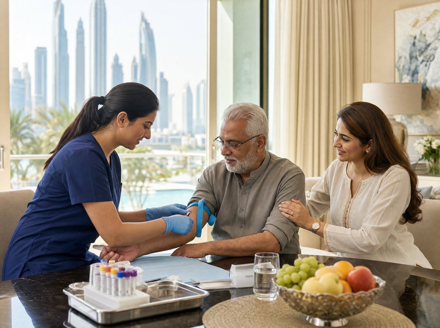 A nurse taking a blood sample at a patient's home